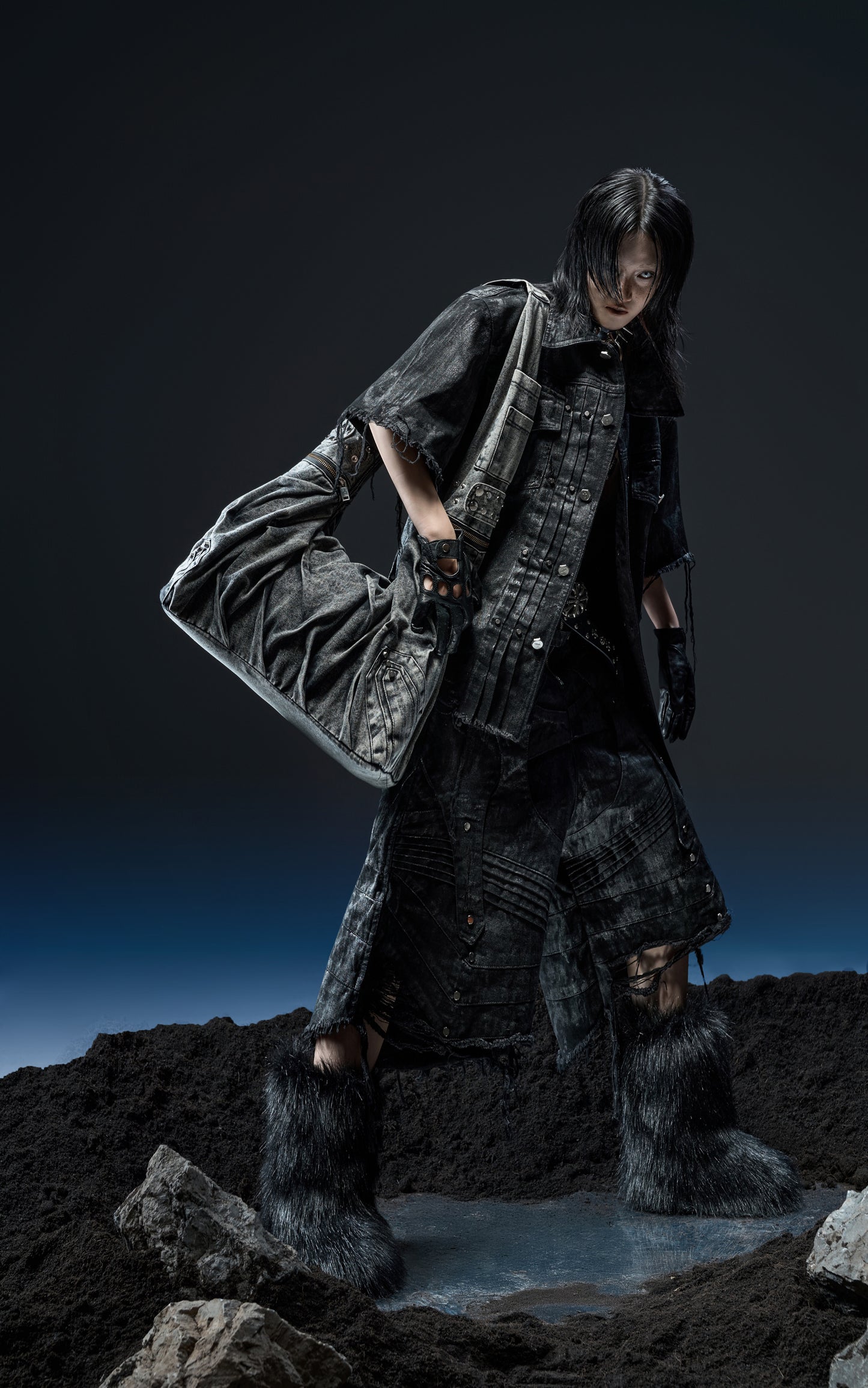 【RICH】Crinkle Bag (Denim Stone Washed/Leather)