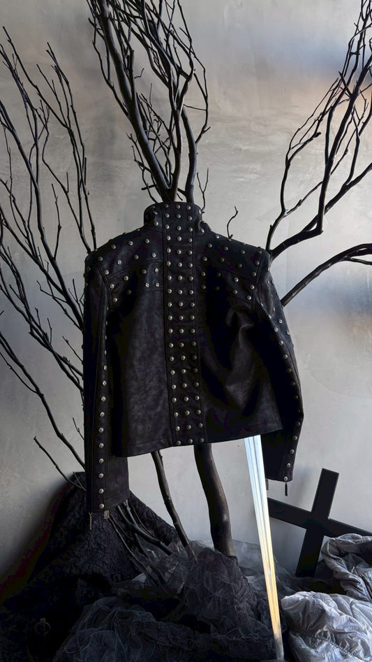 【THOUGHT WE FRIENDS】Studded PU Leather Jacket with Shoulder Pads