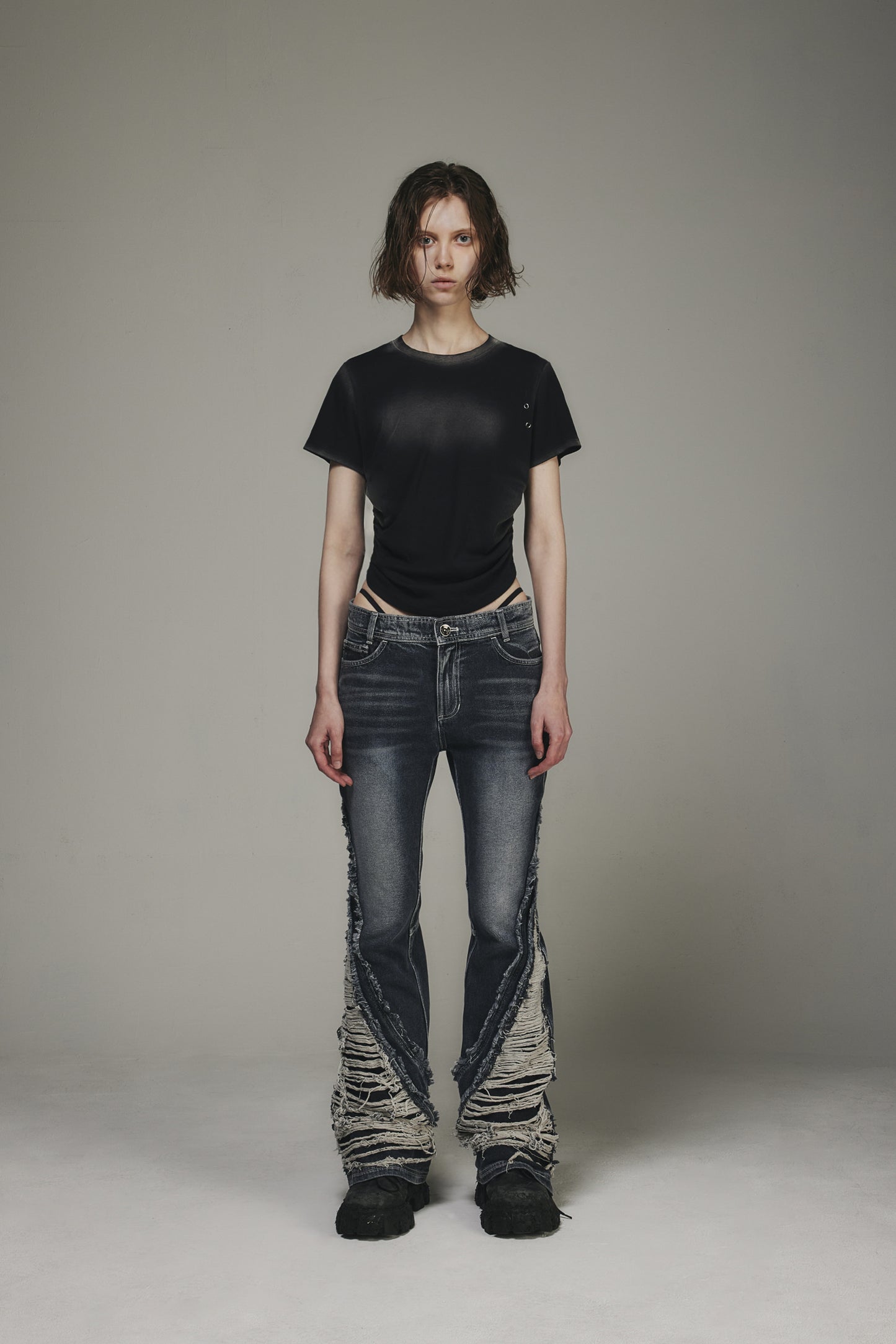 【BLR BLUER】Bleached Upper Chest Shirring T-shirts