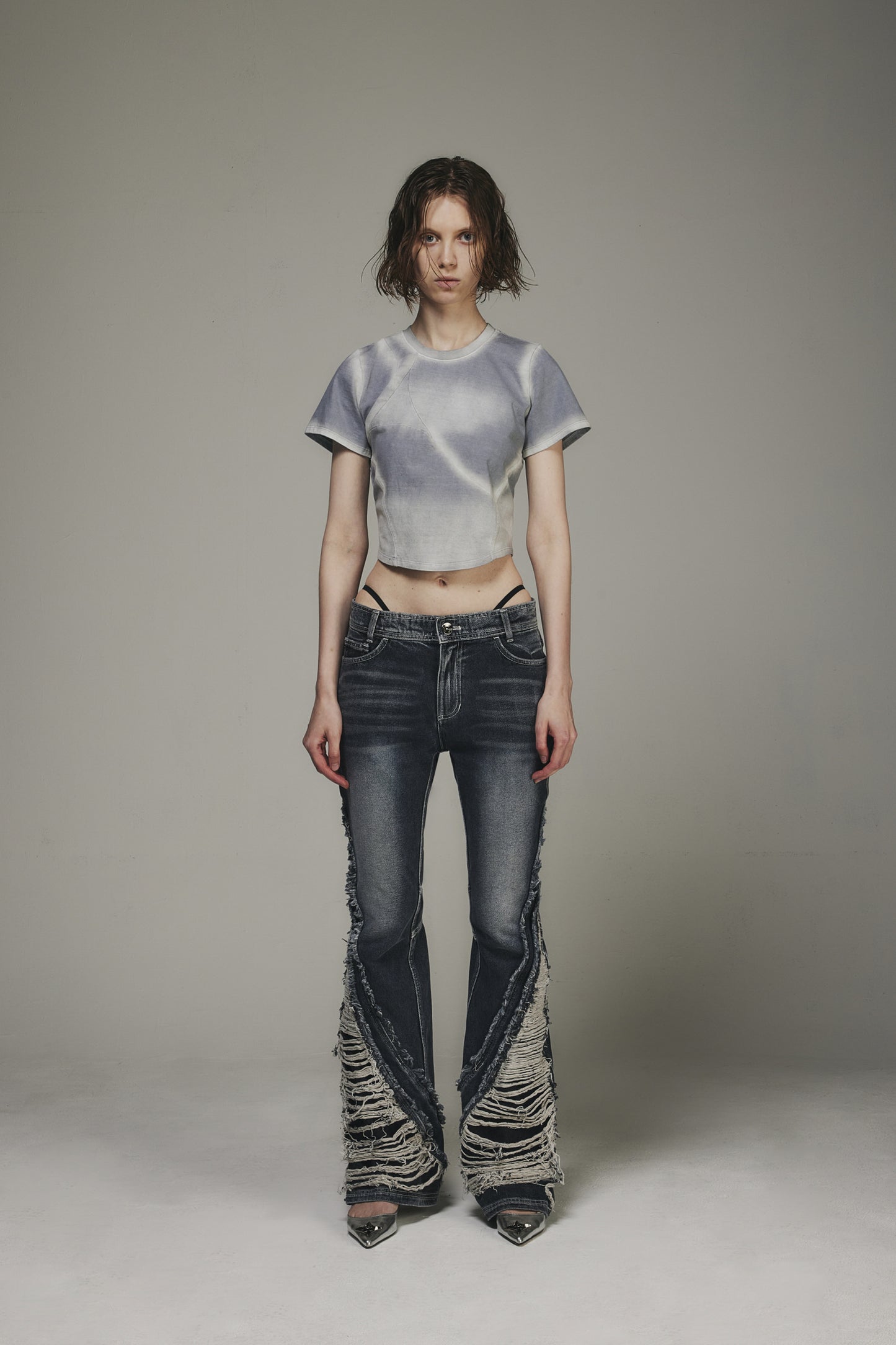 【BLR】BLEACHED TRIANGLE GRADATION WASHING T-SHIRTS GREY