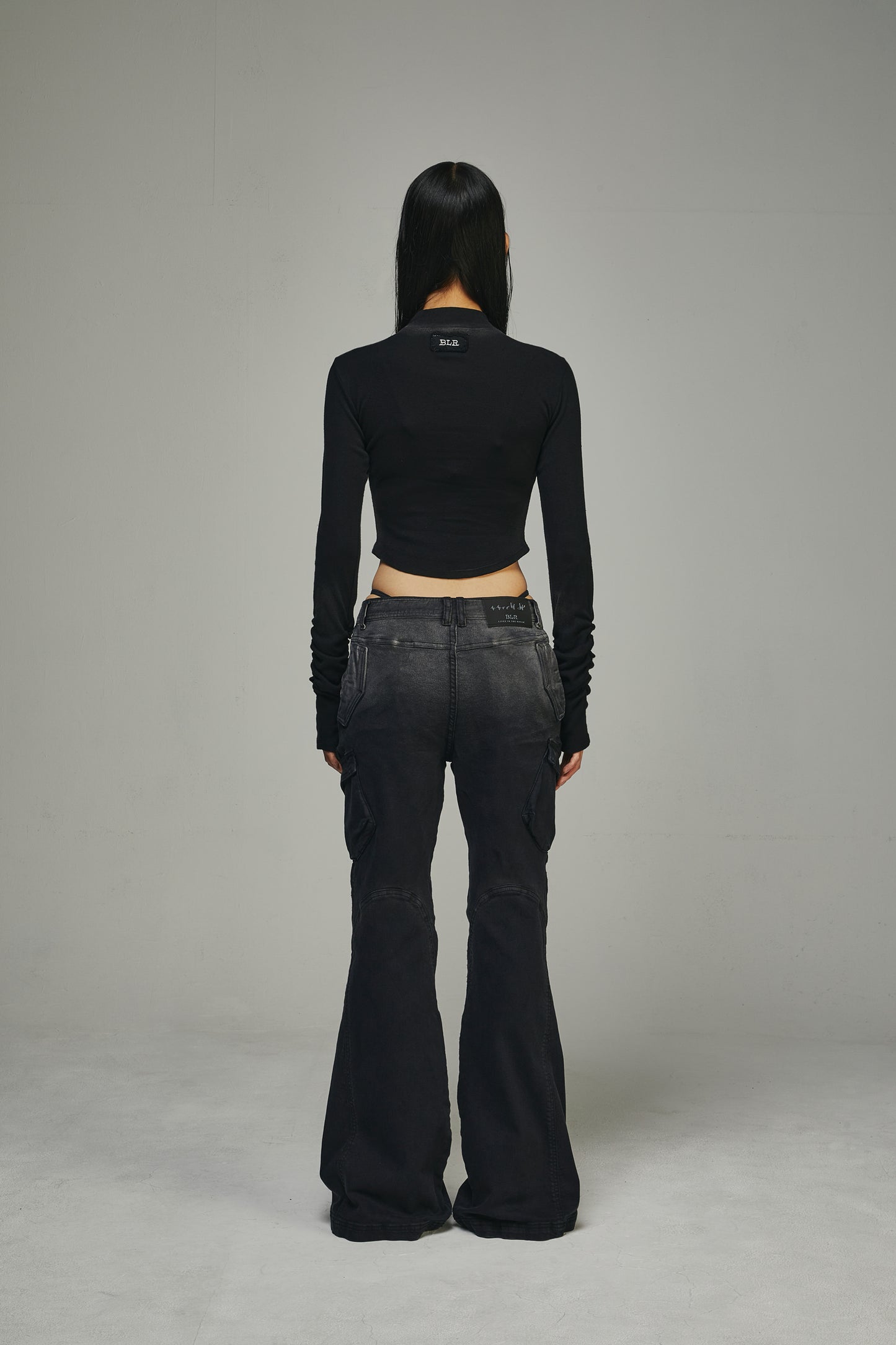 【BLR BLUER】Bleached Layered Chest Shirring Knit T-shirts Black