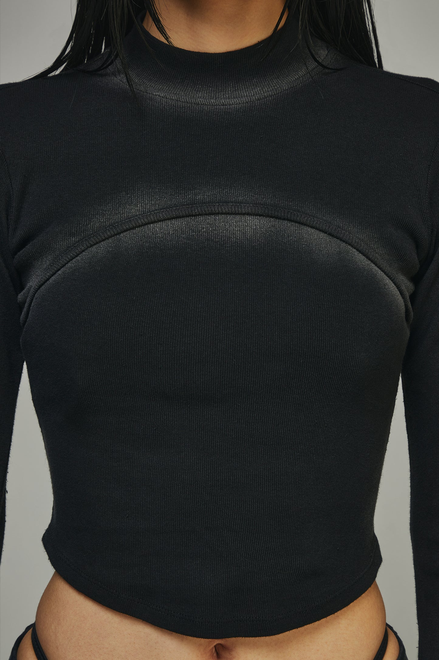 【BLR BLUER】Bleached Layered Chest Shirring Knit T-shirts Black