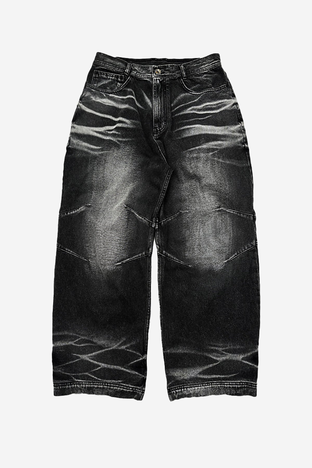 【BLR BLUER】Embossed Wave Washing Wide Denim Pants BLACK