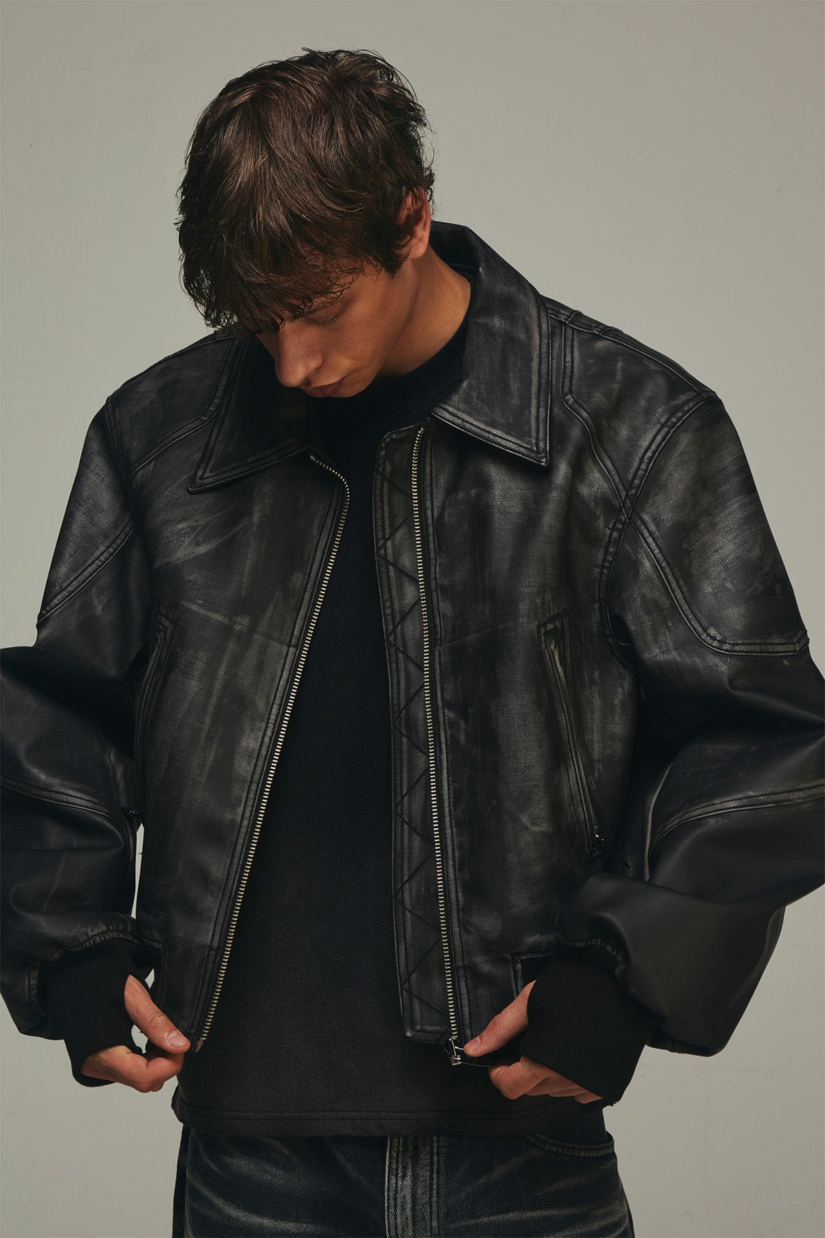 【BLR BLUER】RAW-CUTTED LEATHER CROP JACKET
