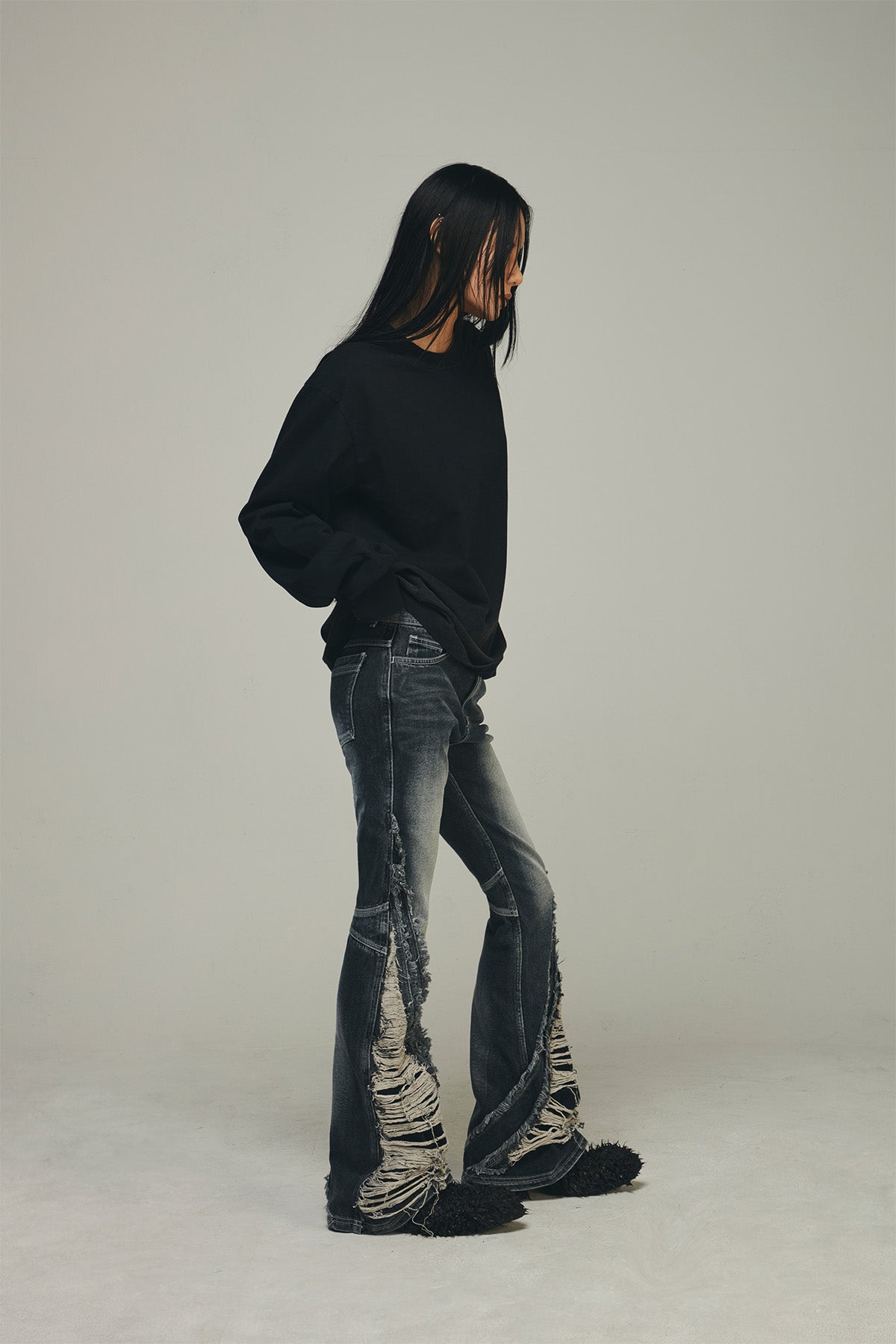 【BLR BLUER】Destroyed Crush Double Line Washing Denim Pants