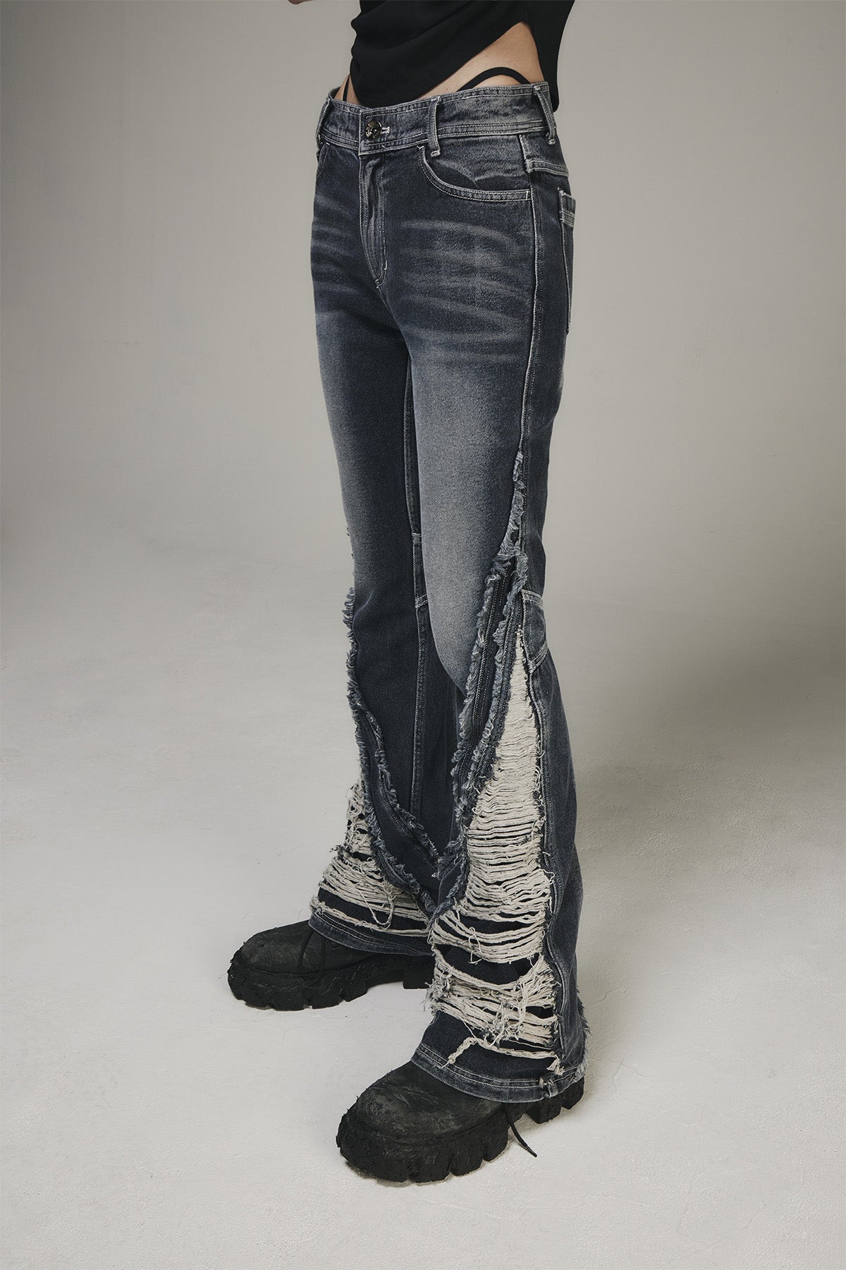 【BLR BLUER】Destroyed Crush Double Line Washing Denim Pants