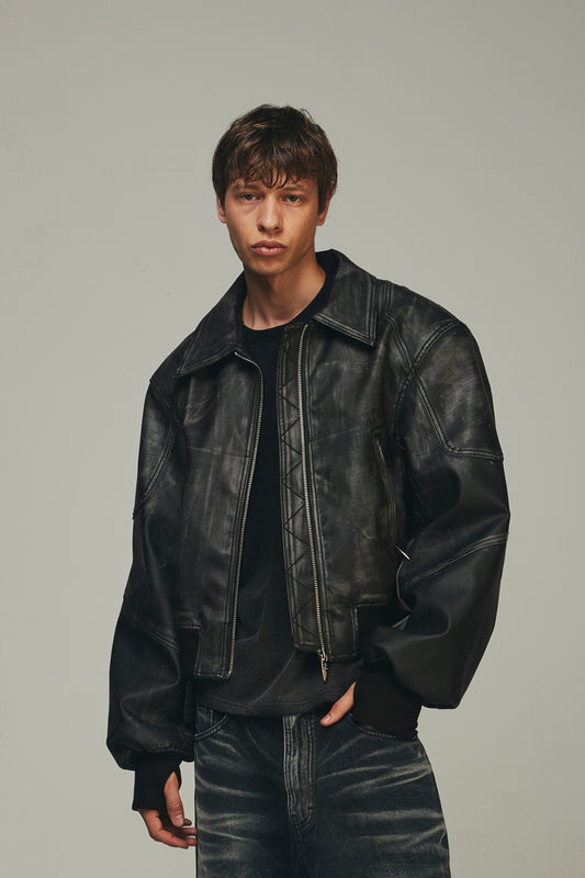 【BLR BLUER】RAW-CUTTED LEATHER CROP JACKET