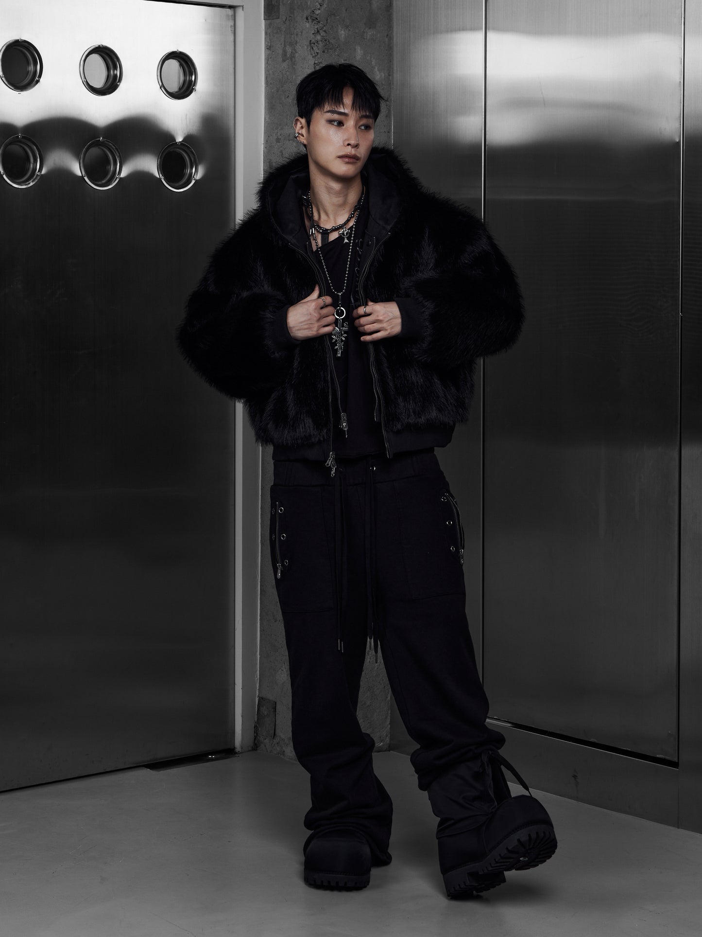 【ROSEN KREUZ】EYELET EDGE Set-Up LAYERED SWEAT PANTS (BLACK)