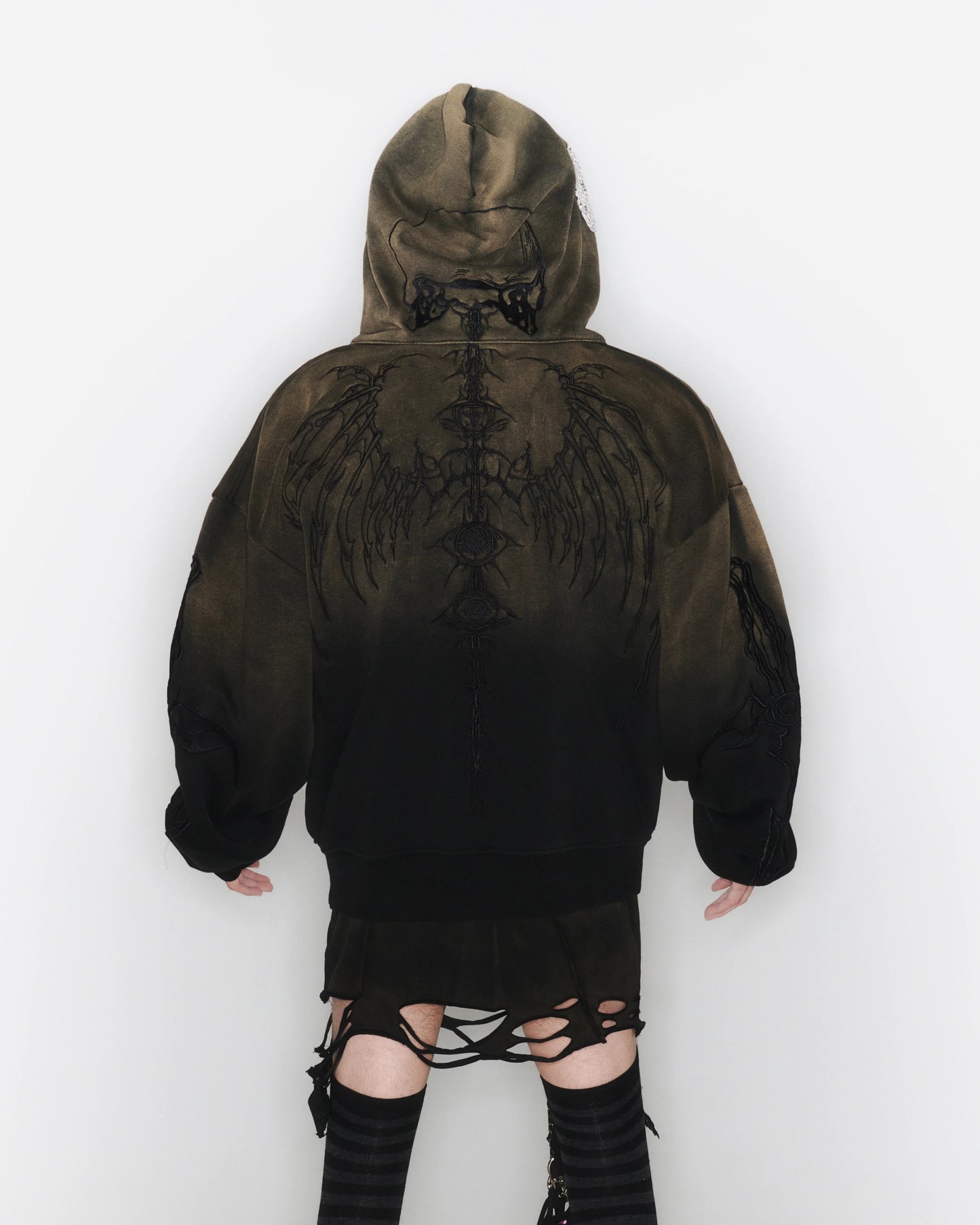 【UNIZ】SKELETON KNIGHT HOODIE - BROWN DIY WASHED
