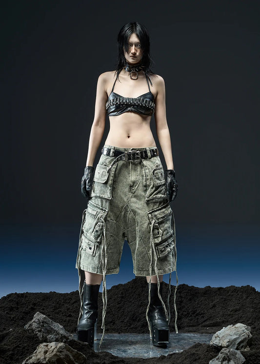 【RICH】GREEN WASHED CARGO WIDE SHORT