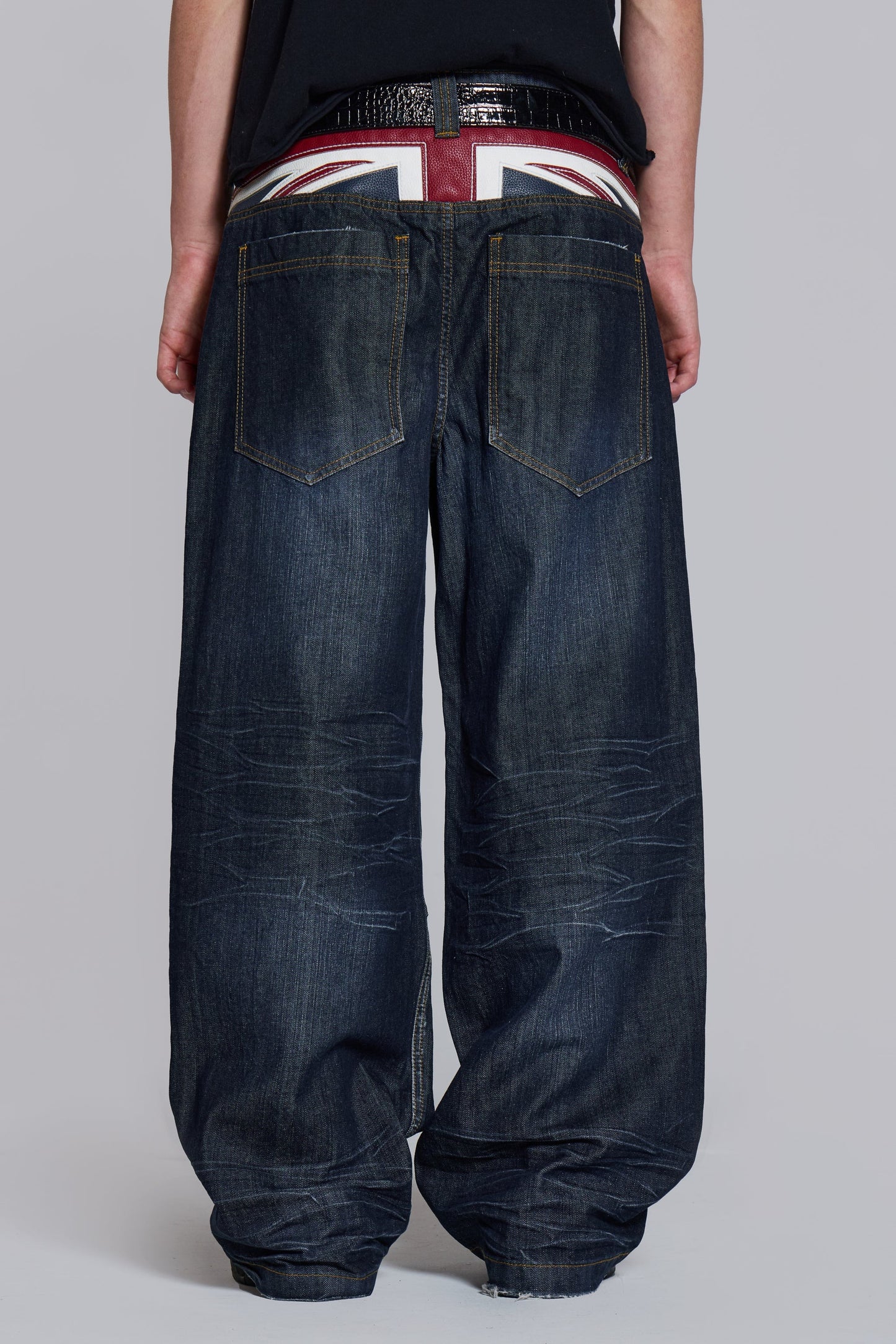 Faux Leather Applique Union Jack Indigo Colossus Baggy Jeans
