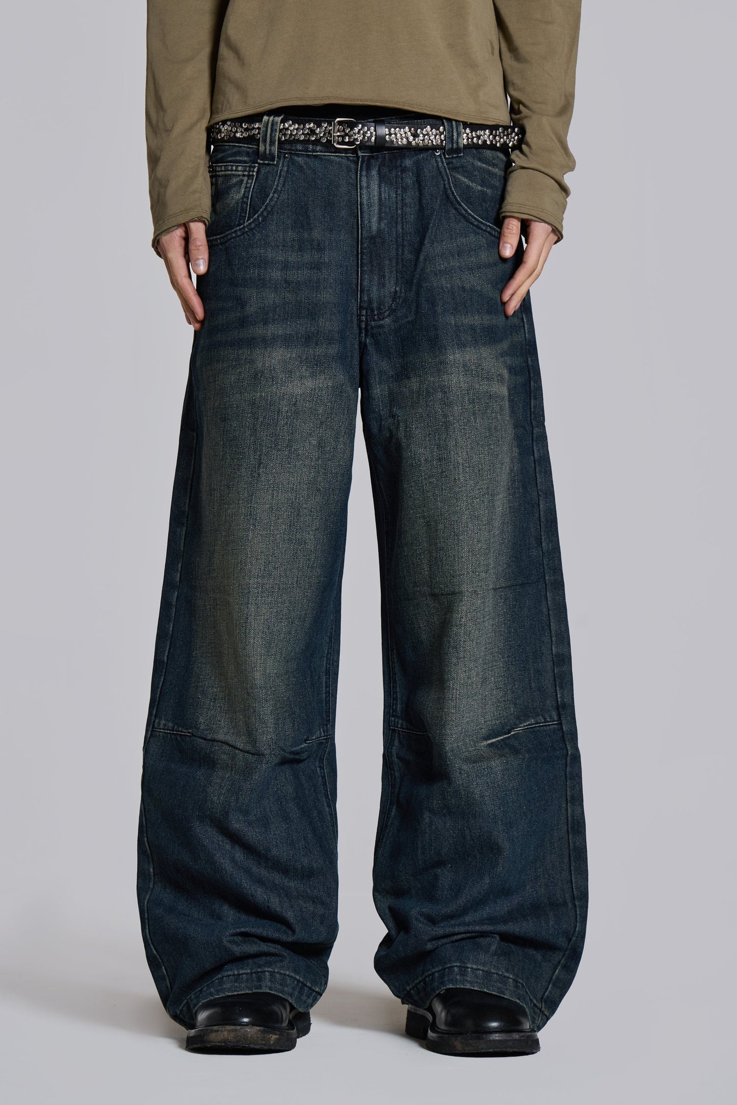 Low Rise Mid-Blue Coarse Tweed Wide-Leg Jeans