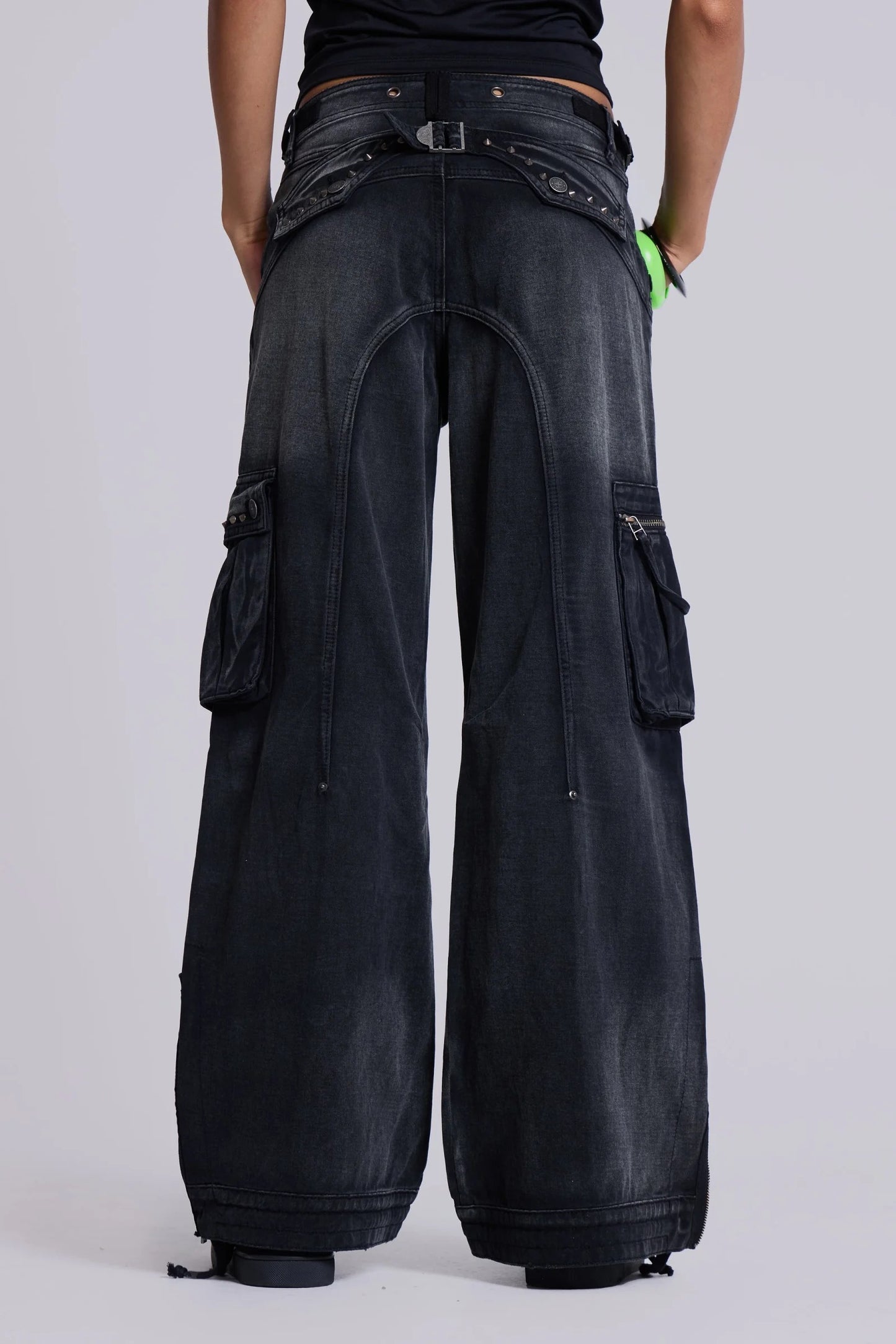 Faded Khaki Cargo Studded Drawstring Multi-Pocket Jeans