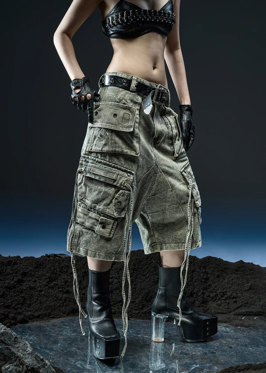 【RICH】GREEN WASHED CARGO WIDE SHORT