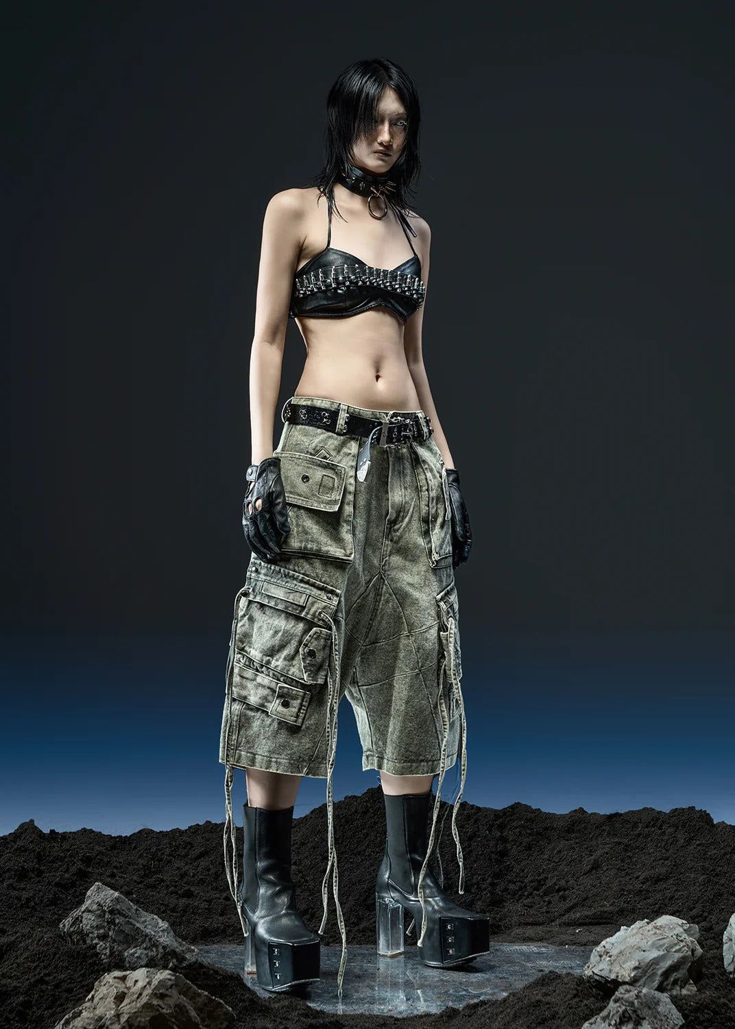 【RICH】GREEN WASHED CARGO WIDE SHORT