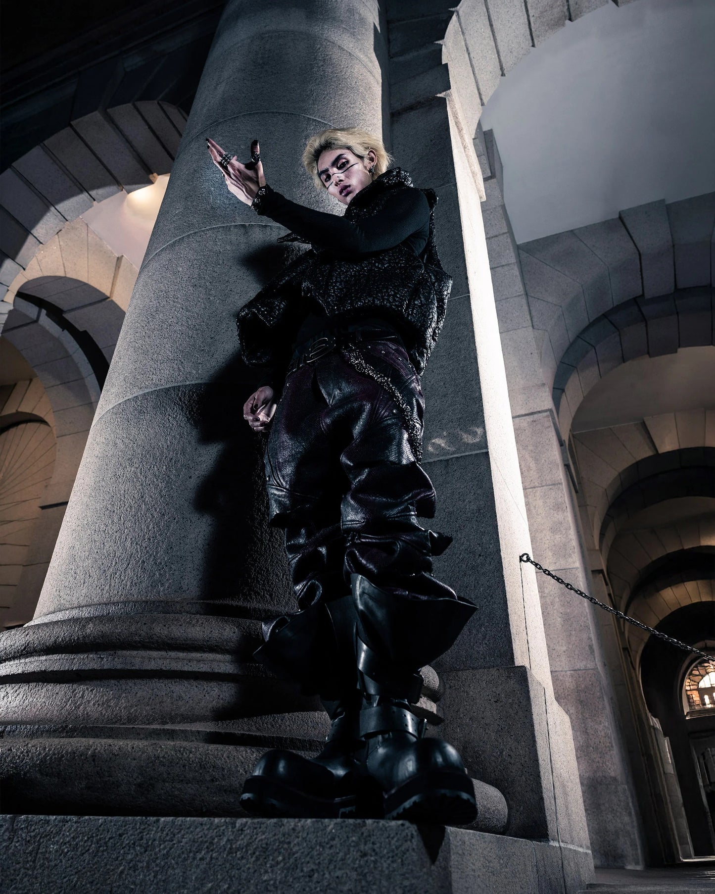 【SATSUN NIGHT】SSN V.05 SNAKE SKIN DENIM DISTRESSED FLARED PANTS - BLACK (PRE-ORDER)