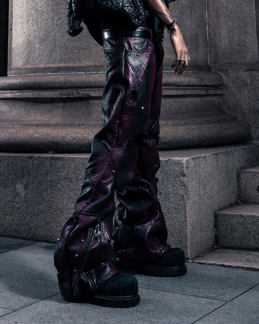 【SATSUN NIGHT】SSN V.05 SNAKE SKIN DENIM DISTRESSED FLARED PANTS - DARK RED(LIMITED EDITION)