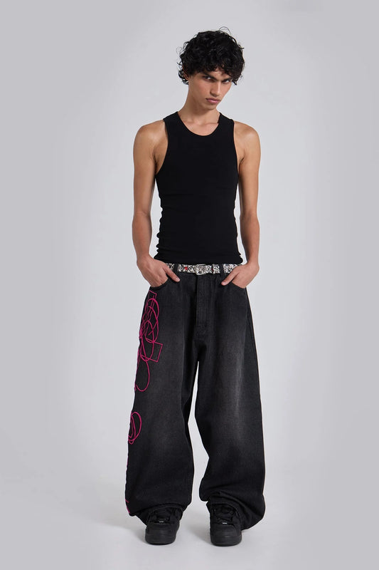 Super Baggy Washed Black Pink Embroidered Retro Jeans