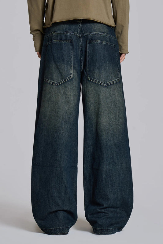 Low Rise Mid-Blue Coarse Tweed Wide-Leg Jeans