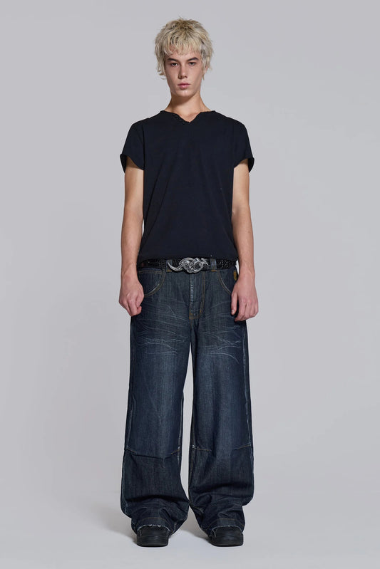 Faux Leather Applique Union Jack Indigo Colossus Baggy Jeans