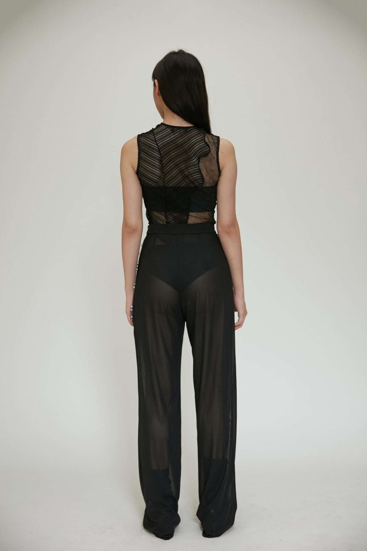 【JENN LEE】Button Zipper See Through Mesh Trousers
