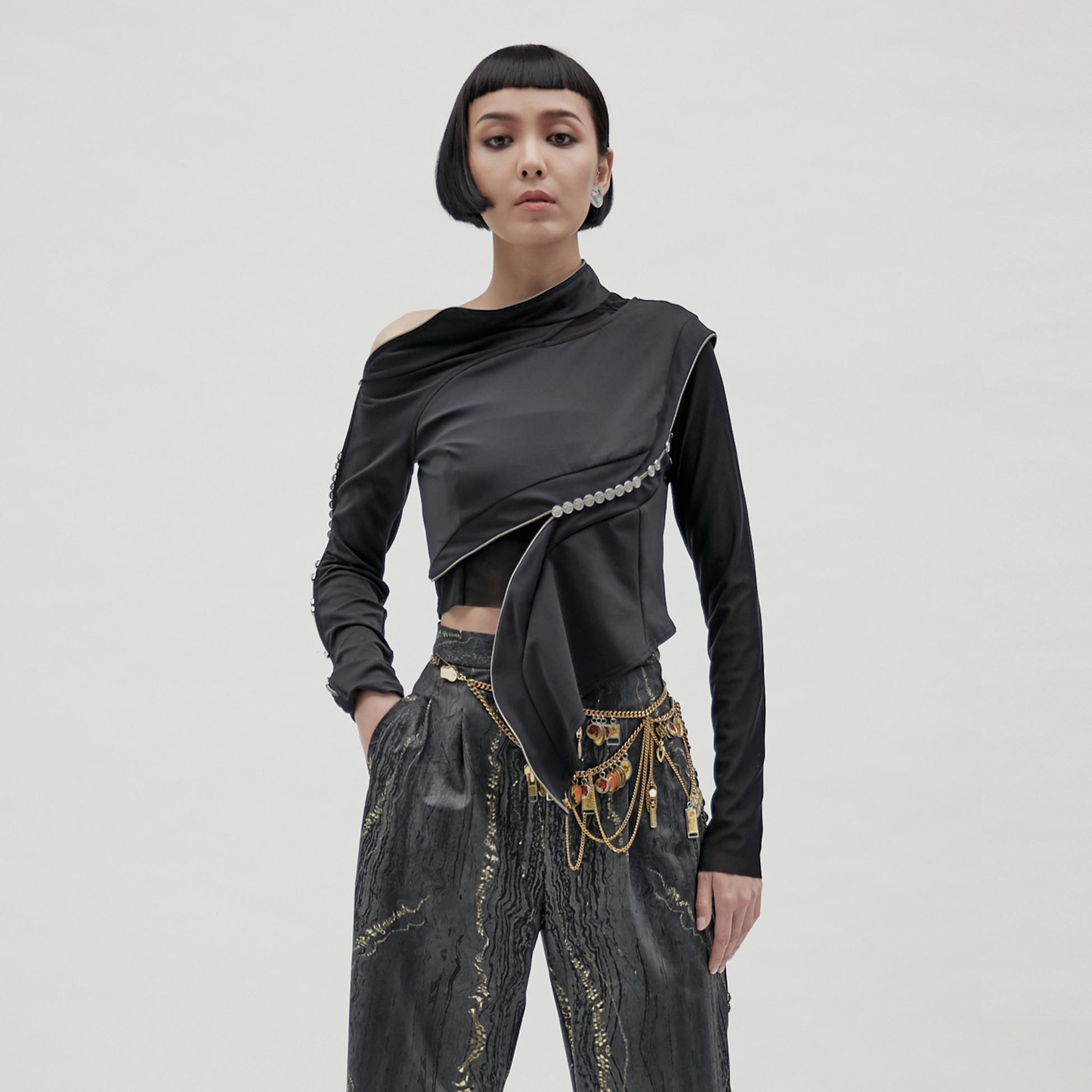 【JENN LEE】Twist Sleeve Mesh Panel Top