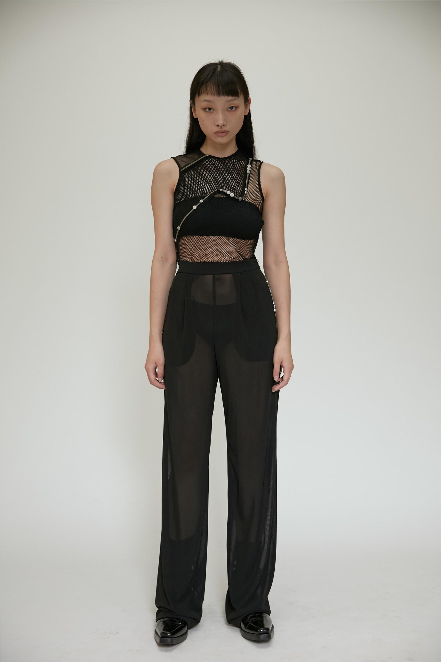 【JENN LEE】Button Zipper See Through Mesh Trousers