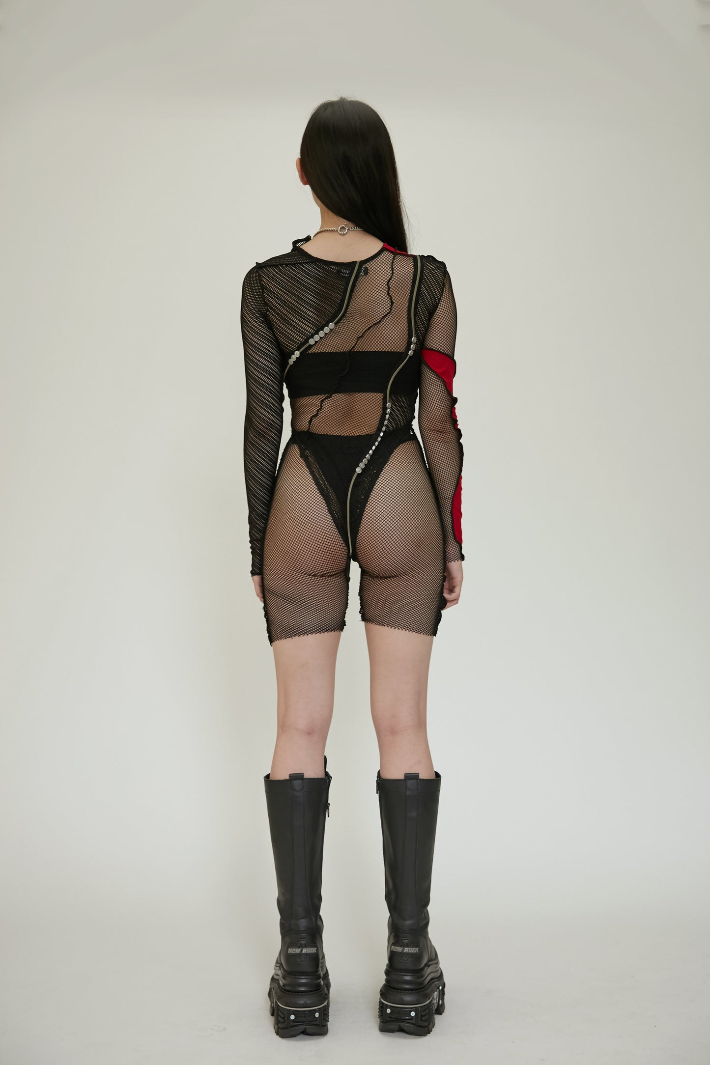 【JENN LEE】 Invasion Love Twisted Zipper Red Mesh Jumpsuit