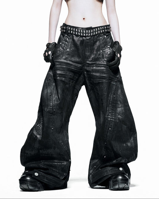 【RICH】Black Waxed S-Wide Pants