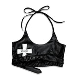 <LOST IN CASTLE> LEATHER HALTER TOP - BLACK