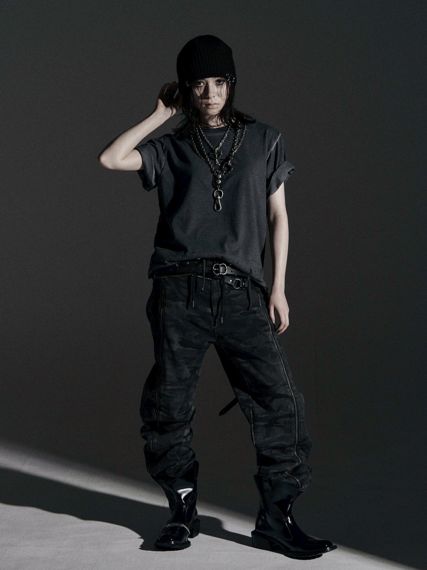 【ROSEN KREUZ】BOXY FIT LAYERED DAMAGE  TEE (Dirty gray)