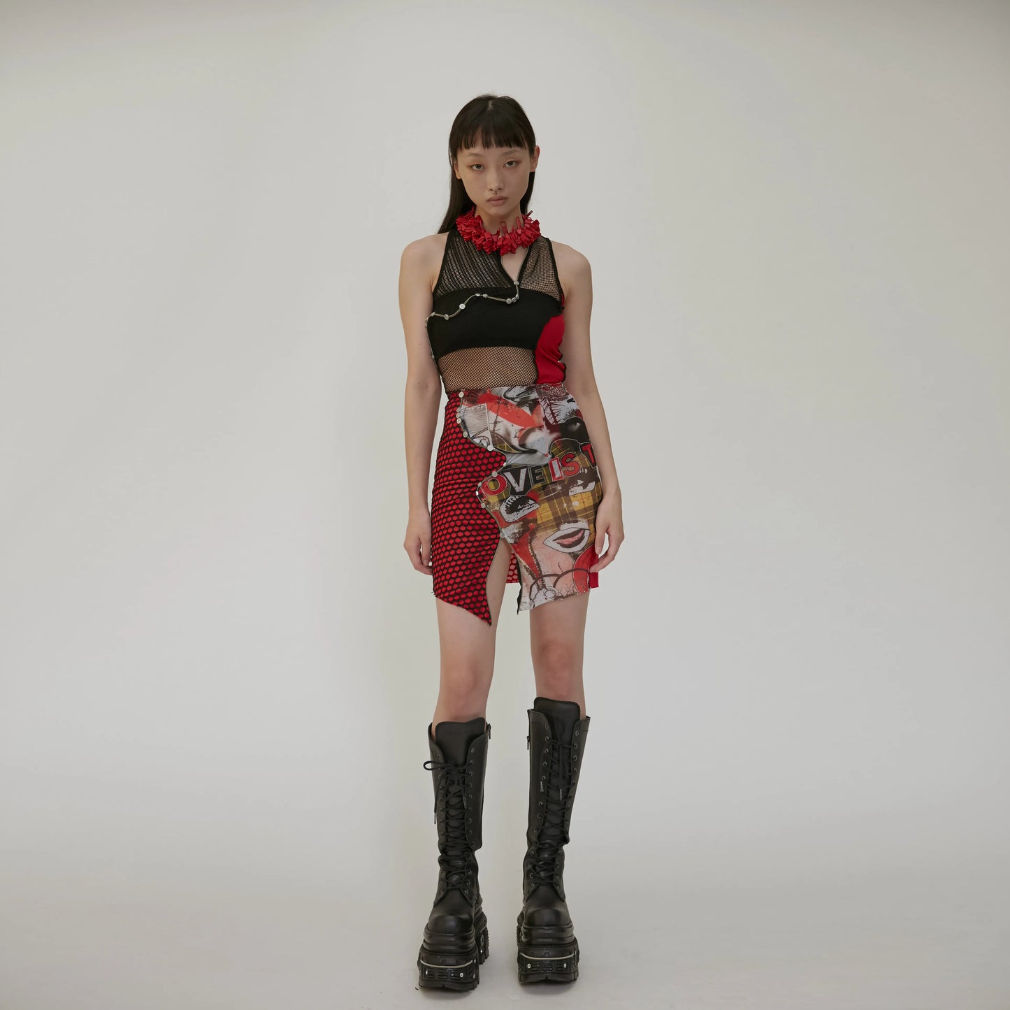 【JENN LEE】 Invasion Love Twisted Zipper Red Mesh Jumpsuit