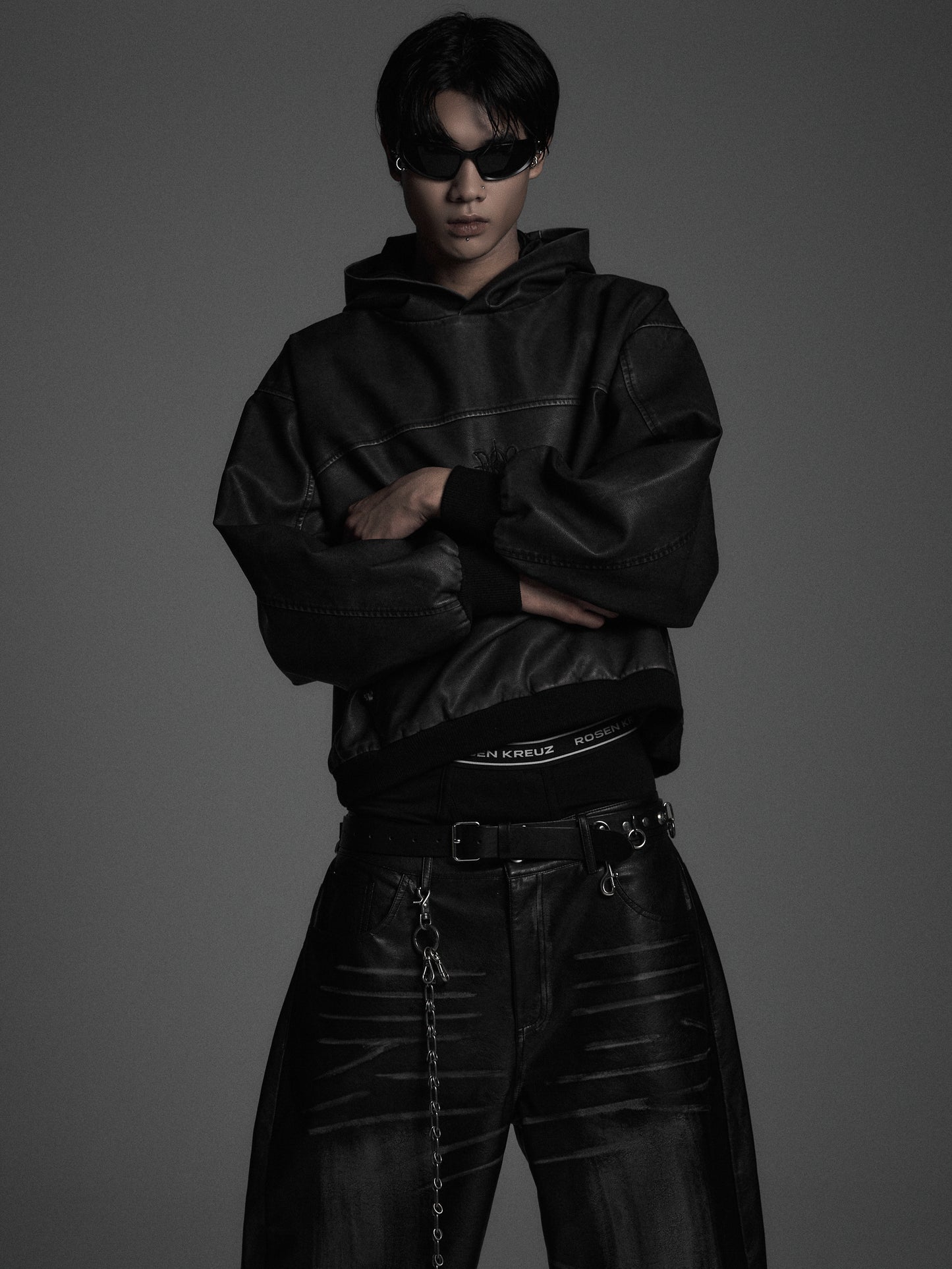 【ROSEN KREUZ】VINTAGE LEATHER SHIRRING HOODIE (WASHED GRAY)