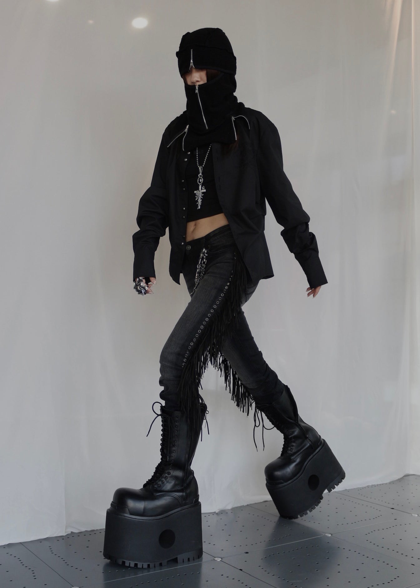 El Topo Black Washed Tassel Flare Jeans