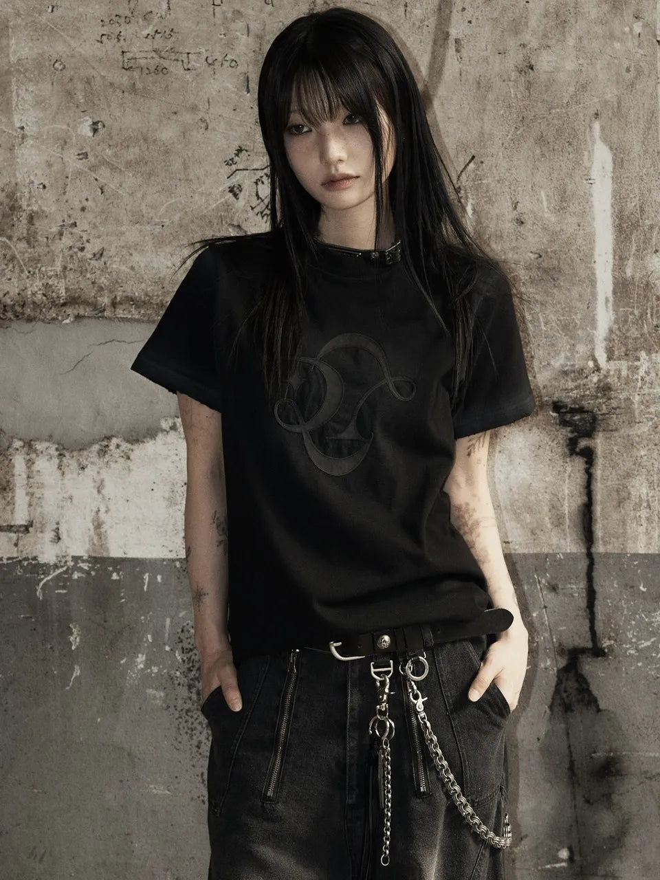 【ROSEN KREUZ】RK LEATHER LOGO TEE Washed gradient leather LOGO short kicks