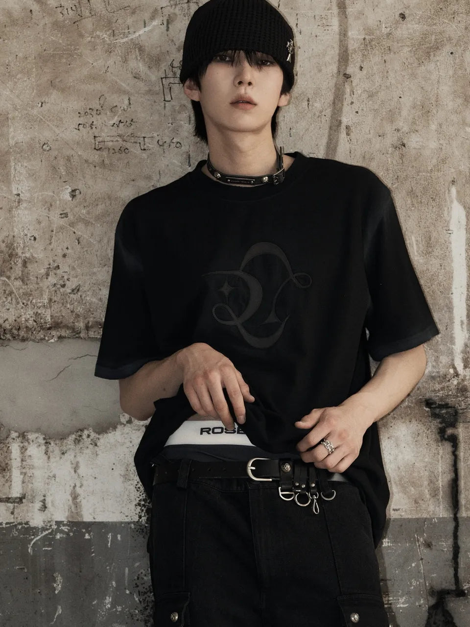 【ROSEN KREUZ】RK LEATHER LOGO TEE Washed gradient leather LOGO short kicks