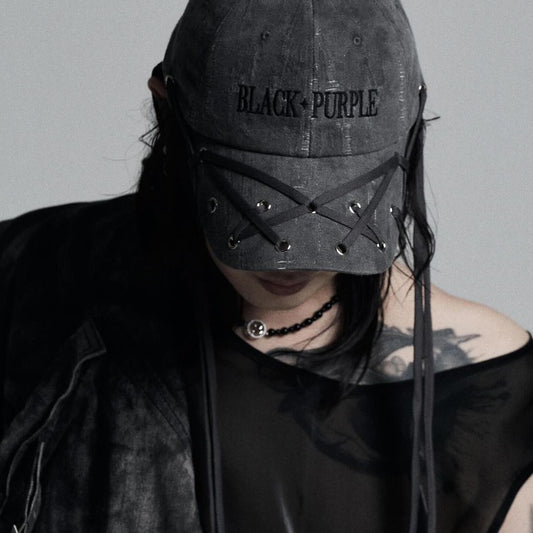 【BLACK PURPLE】WASHED DENIM STRAPS CAP