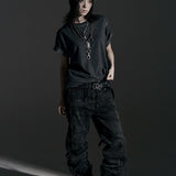BOXY FIT LAYERED DAMAGE  TEE (Dirty gray)