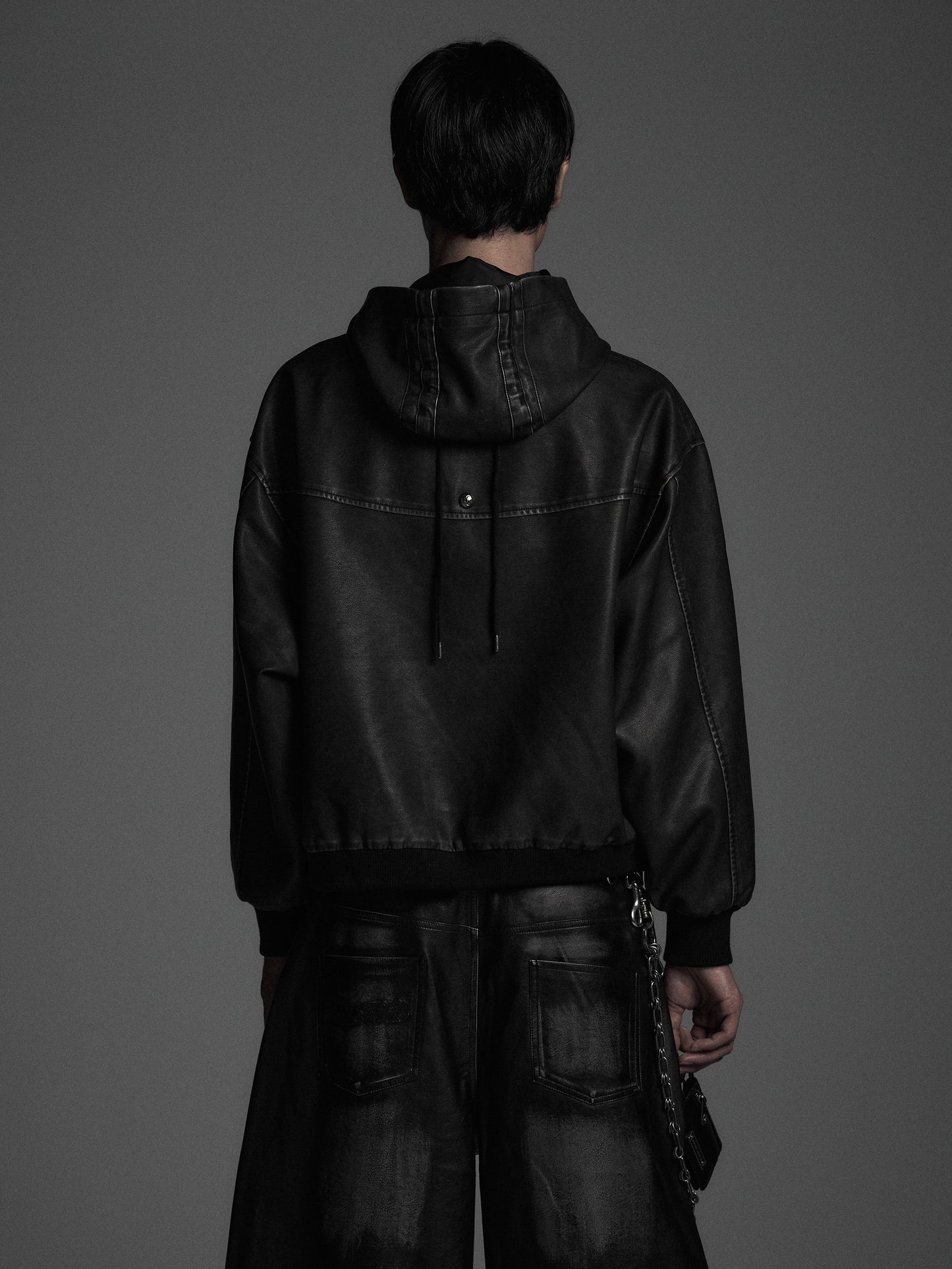 【ROSEN KREUZ】VINTAGE LEATHER SHIRRING HOODIE (WASHED GRAY)