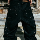 "Lucius" Embroidered Waxed Baggy Denims in Black