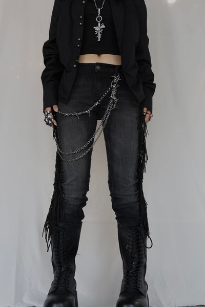 El Topo Black Washed Tassel Flare Jeans