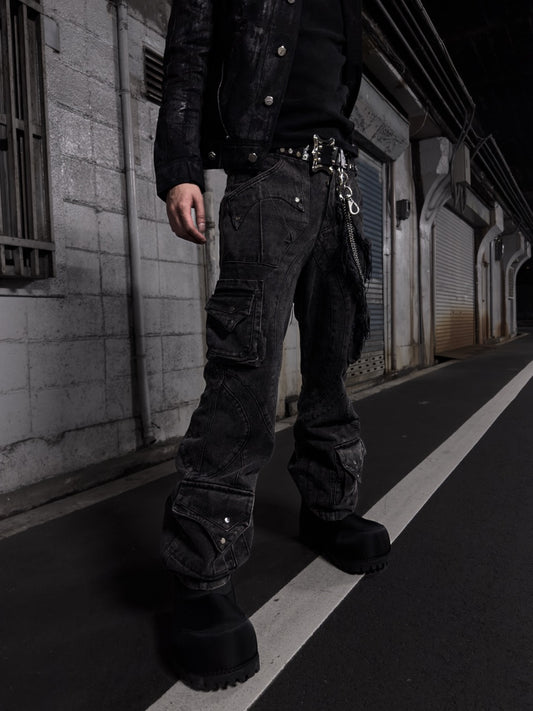 【RICH】Grey Wash Cargo Flare Pants