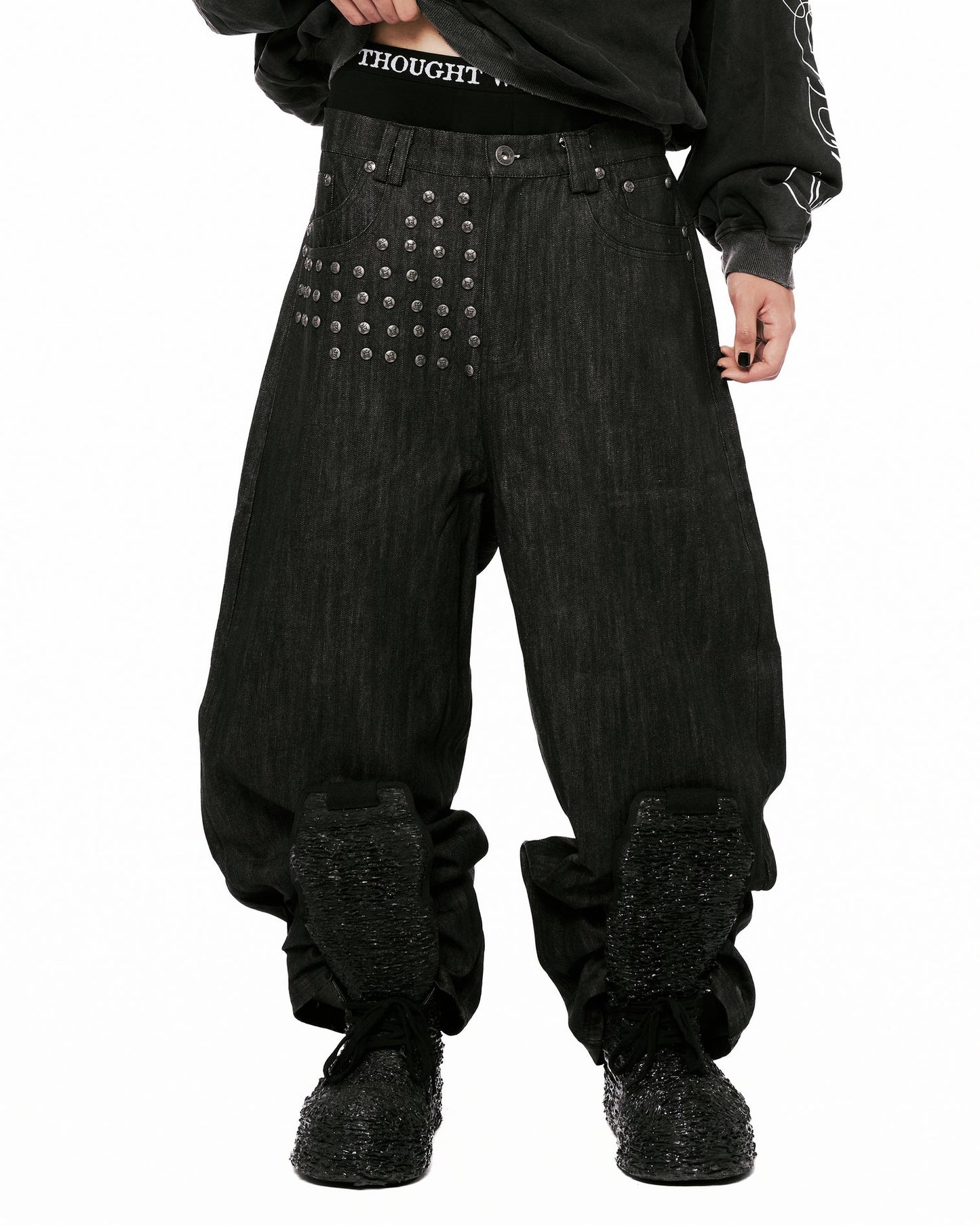 【THOUGHT WE FRIENDS】"Devlin" Studded Waxed Japanese Raw Denims in Black