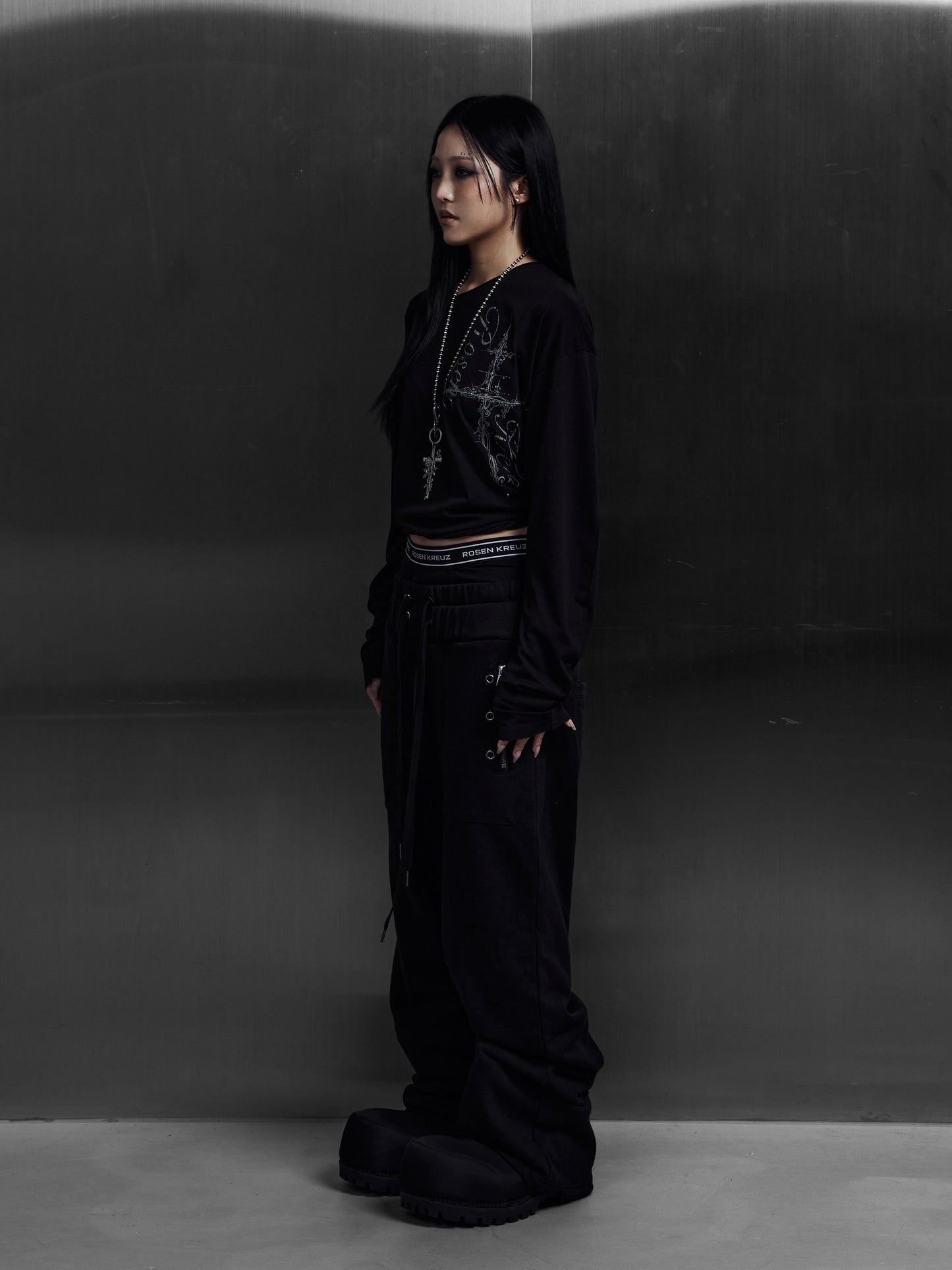 【ROSEN KREUZ】EYELET EDGE Set-Up LAYERED SWEAT PANTS (BLACK)