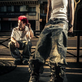 "EYETHOUGHT" Embroidered Waxed Baggy Denims
