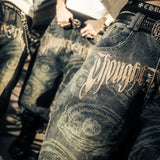 "EYETHOUGHT" Embroidered Waxed Baggy Denims