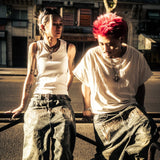 "EYETHOUGHT" Embroidered Waxed Baggy Denims