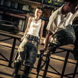 "EYETHOUGHT" Embroidered Waxed Baggy Denims