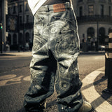 "EYETHOUGHT" Embroidered Waxed Baggy Denims