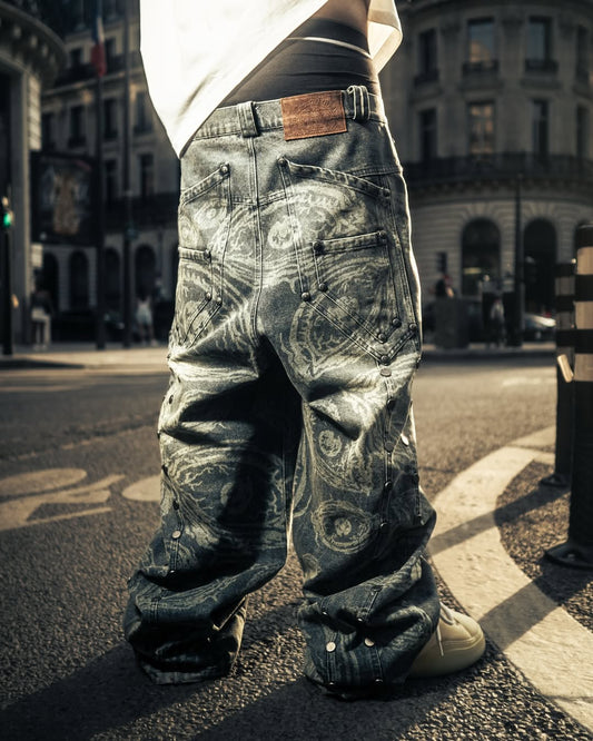 【THOUGHT WE FRIENDS】"EYETHOUGHT" Embroidered Waxed Baggy Denims